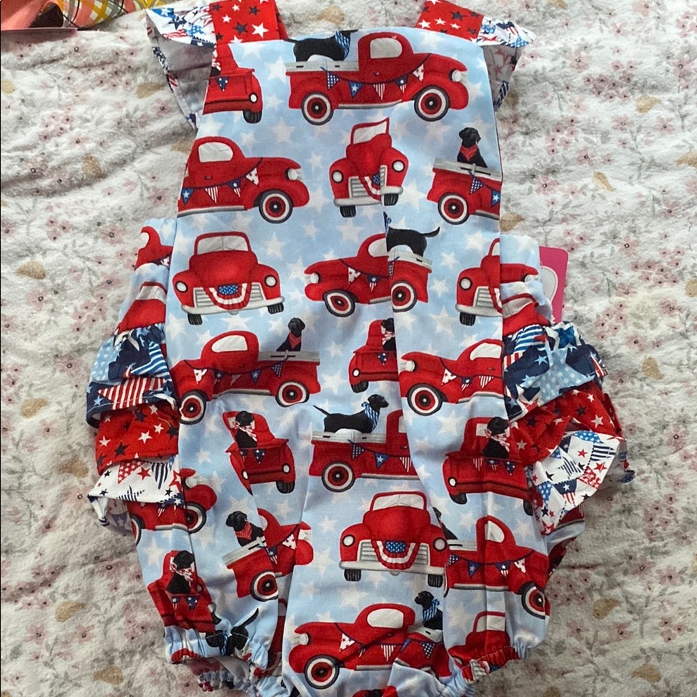 Patriotic Red Car Print Kids Romper